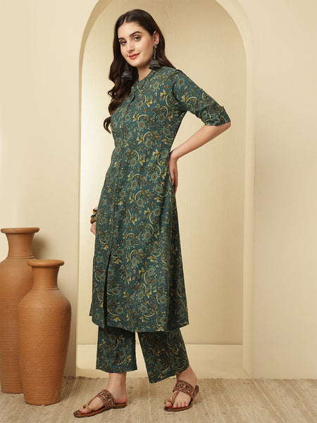 Women Green Cotton Flora Printed A-line Kurta with Trouser