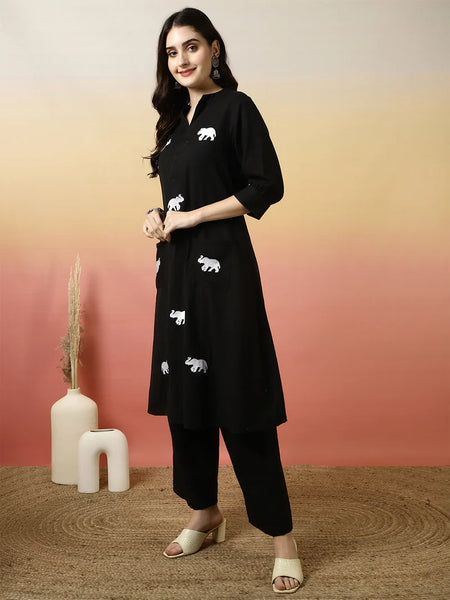 Women Solid Cotton Flex A-line Pocket Kurta with Palazzo Set