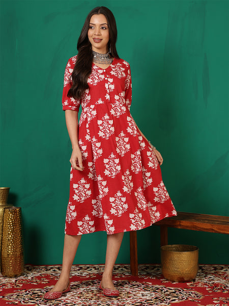 Women Cotton Red Printed Summer Dress