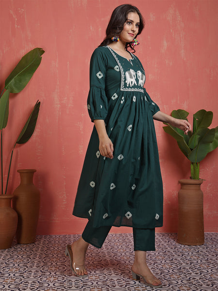 Women Cotton Teal Blue Anarkali Embroidery Kurta with Trouser & Dupatta