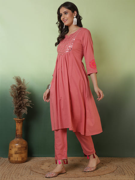 Women Peach Cotton Solid Mirror Work Kurta with Trouser & Dupatta