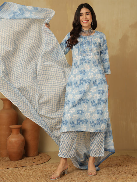 Women Blue Cotton Embroidery Kurta With Trouser & Dupatta