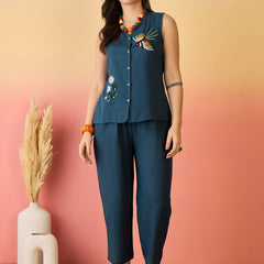 Women Cotton Navy Blue Embroidery Top With Trouser Co-ord Set