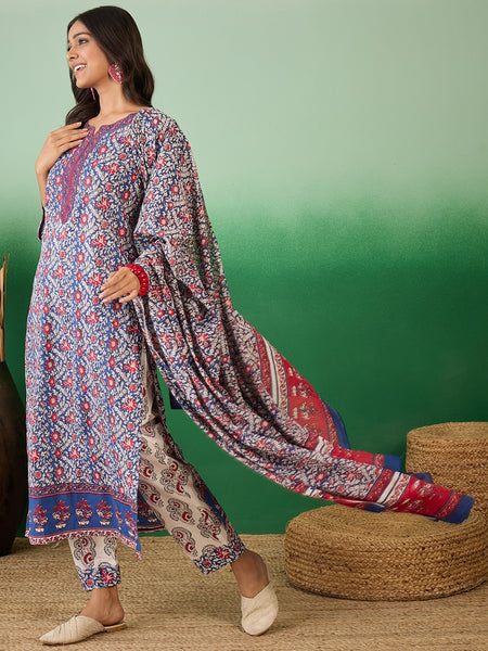 Women Cotton Blue & Red Straight Kurta with Afgani Pant & Dupatta