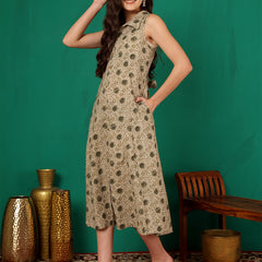 ANAISA Women Brown Printed Cotton Sleeveless, Collar Neck, Calf Length Midi Summer Dress
