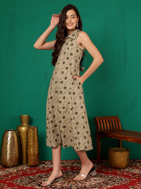 ANAISA Women Brown Printed Cotton Sleeveless, Collar Neck, Calf Length Midi Summer Dress