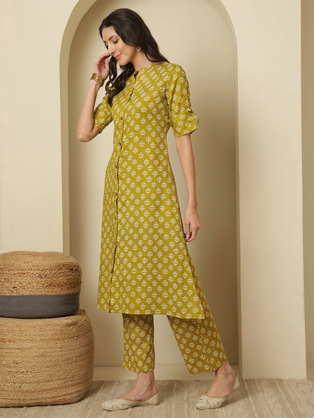 Women Mustard Katha A-line Kurta with Trouser