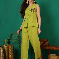 Women Cotton Lime Green Embroidery Top with Trouser Co-ord Set