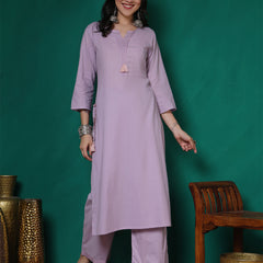 Women Lavender Cotton Flex Pocket Embroidery Kurta with Trouser Set