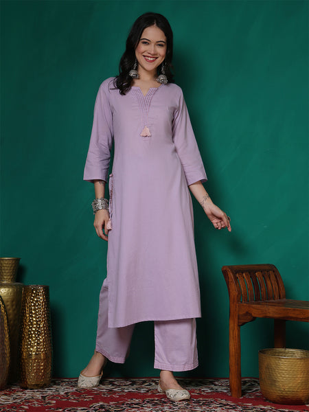 Women Lavender Cotton Flex Pocket Embroidery Kurta with Trouser Set