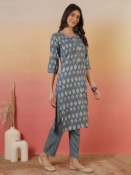 Women Grey Viscose Rayon Discharge Printed Kurta With Trouser & Dupatta