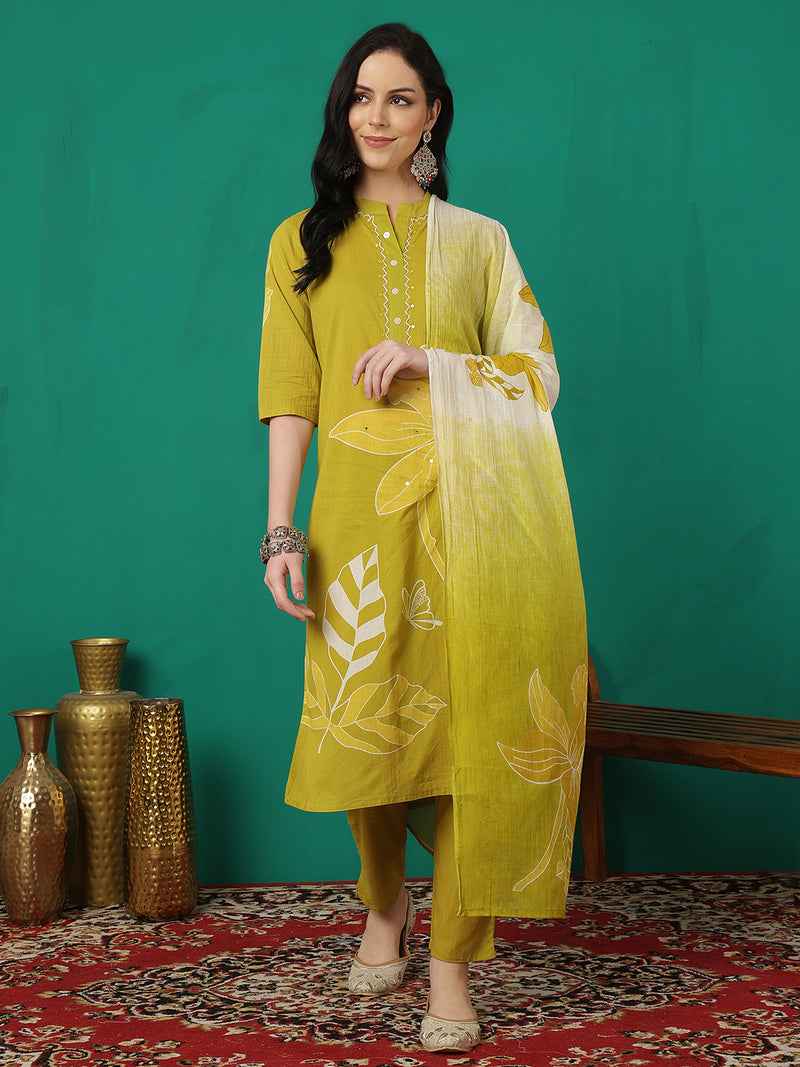 ANAISA Women Cotton Placement Print Straight Kurta with Trouser & Dupatta