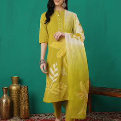 ANAISA Women Cotton Placement Print Straight Kurta with Trouser & Dupatta