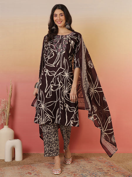 Women Abstract Printed Wine Kurta With Trouser & Dupatta