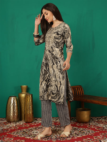 Women Black Yoke Embroidery Kurta with Trouser & Dupatta