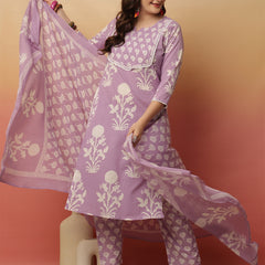 Women Lavender Cotton Printed Round Neck Straight Kurta with Trouser & Dupatta