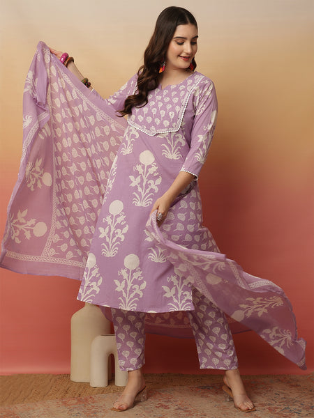 Women Lavender Cotton Printed Round Neck Straight Kurta with Trouser & Dupatta