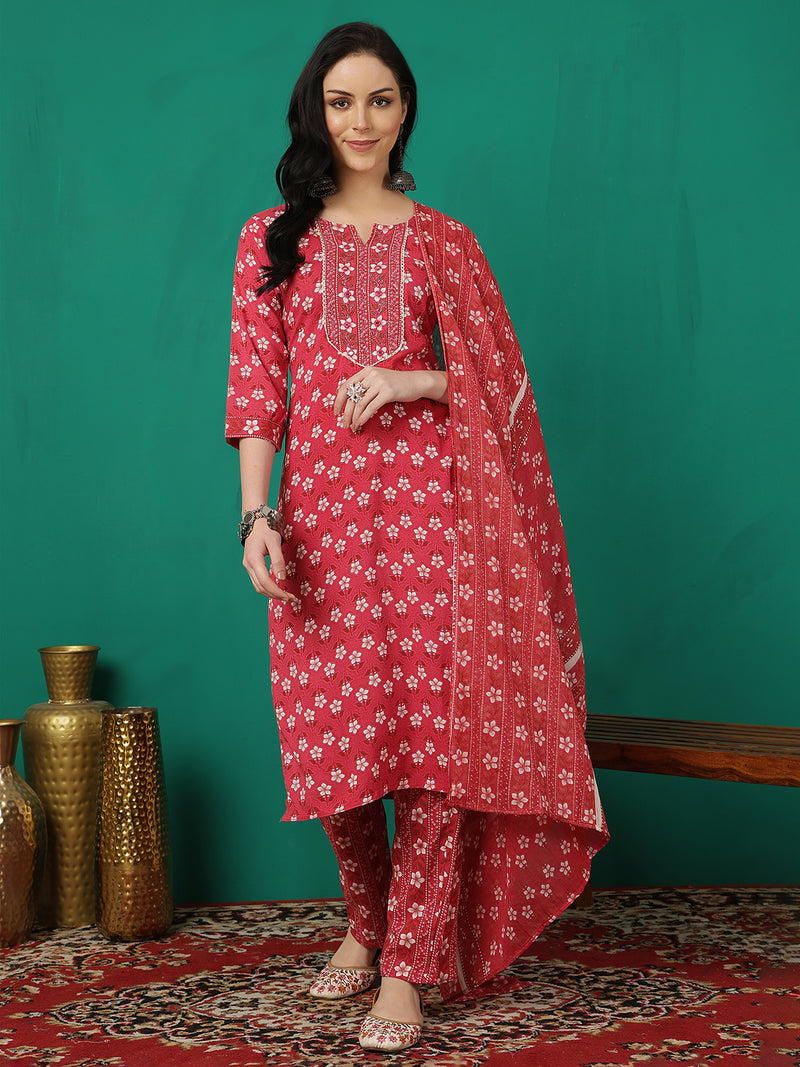ANAISA Women Viscose Rayon Round Neck, Calf Length, Printed Kurta with Trouser & Dupatta