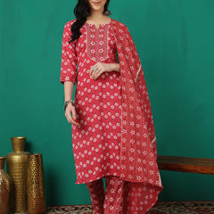 ANAISA Women Viscose Rayon Round Neck, Calf Length, Printed Kurta with Trouser & Dupatta