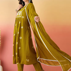 Women Mustard Pure Cotton Embroidery Yoke Anarkali Kurta with Trouser & Dupatta