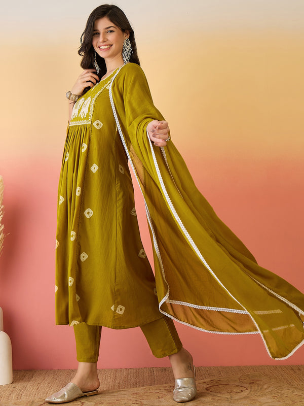 Women Mustard Pure Cotton Embroidery Yoke Anarkali Kurta with Trouser & Dupatta