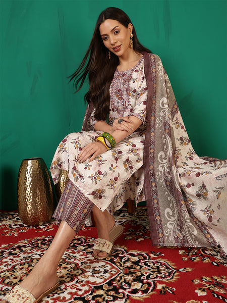 Women Brown Floral Printed Yoke Embroidery Kurta with Trouser & Dupatta