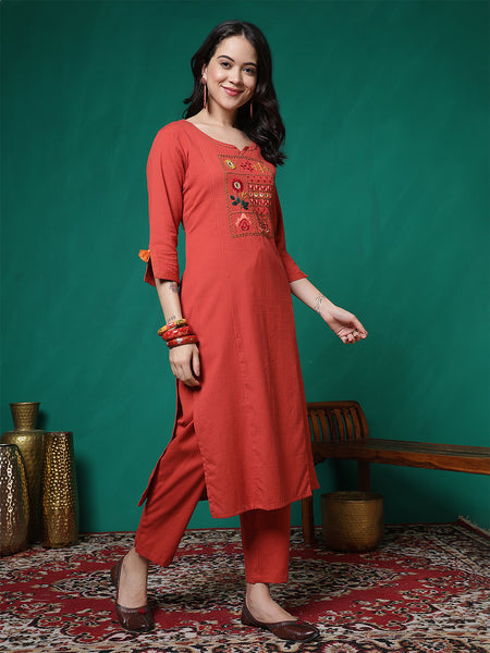 Women Lavender Cotton Flex Hand Work Kurta with Trouser Set