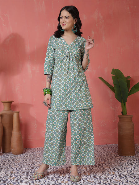 Women Green Cotton Flex Printed Top with Trouser Co-ord Set