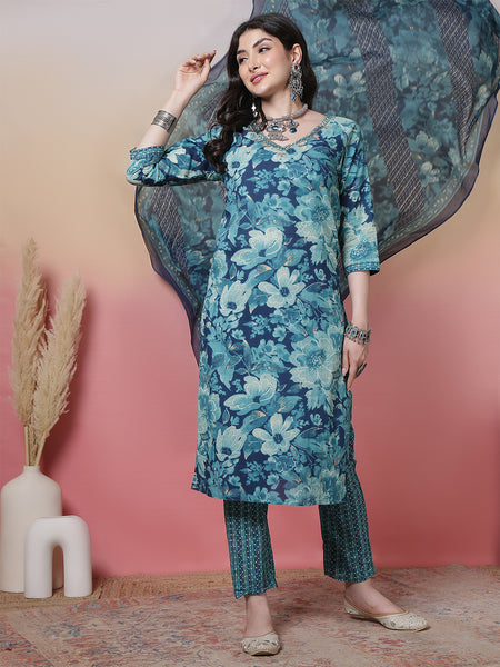 Women Blue Cotton Printed Hand Work Yoke Kurta with Trouser & Dupatta