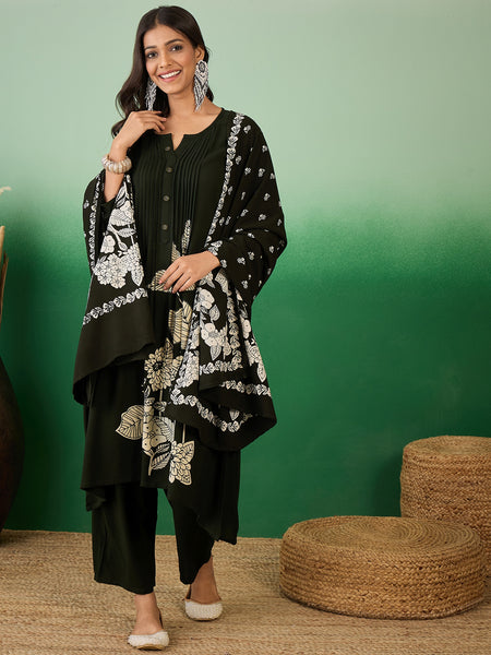 Women Black Pintex Kurta With Trouser & Dupatta