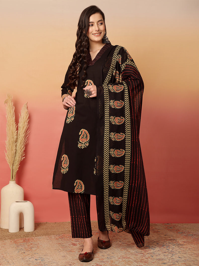Women Brown Cotton Printed V-neck Straight Kurta with Trouser & Dupatta