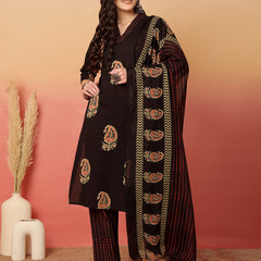 Women Brown Cotton Printed V-neck Straight Kurta with Trouser & Dupatta
