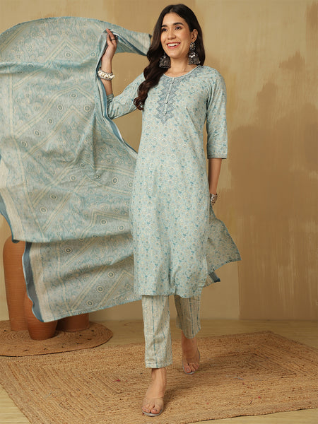 Women Blue Yoke Embroidery Printed kurta With Trouser & Dupatta