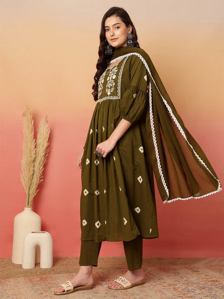 Women Cotton Olive Green Embroidery Anarkali Kurta with Trouser & Dupatta