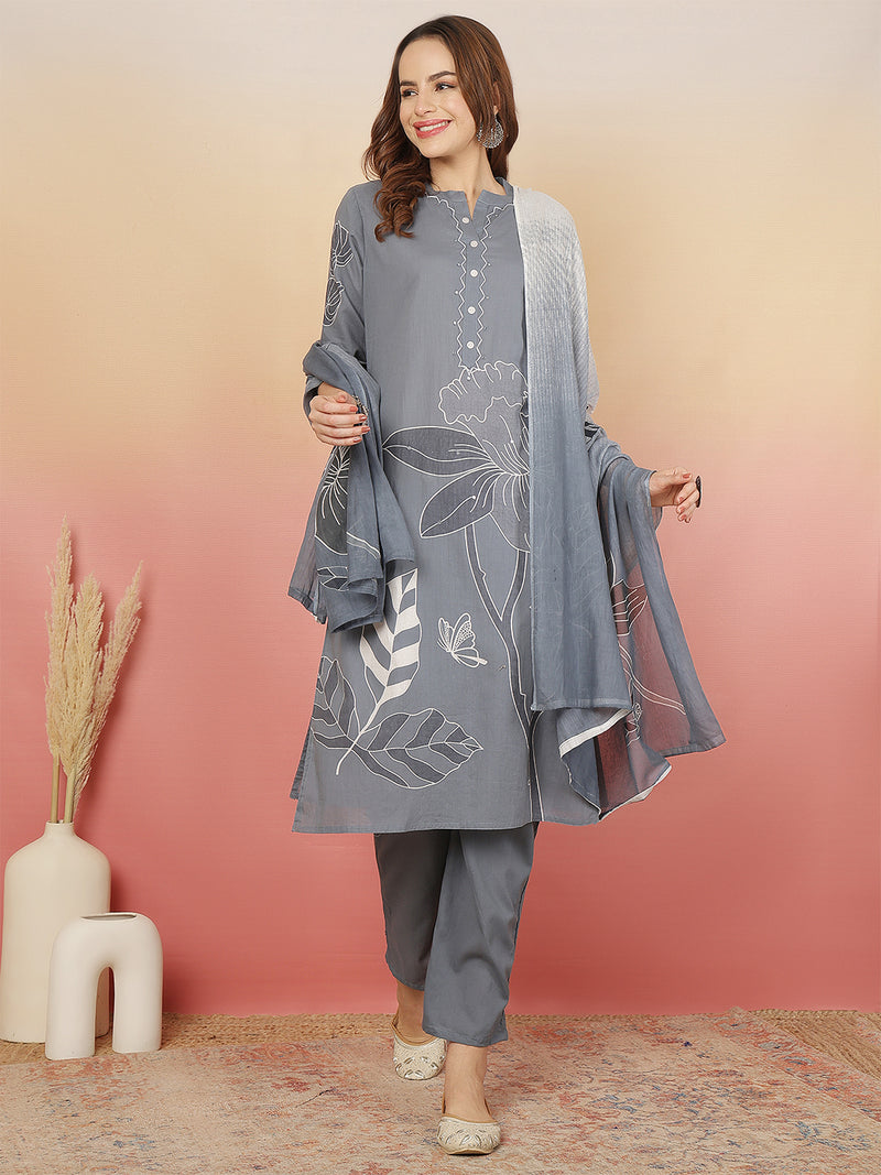 ANAISA Women Cotton Placement Print Straight Kurta with Trouser & Dupatta
