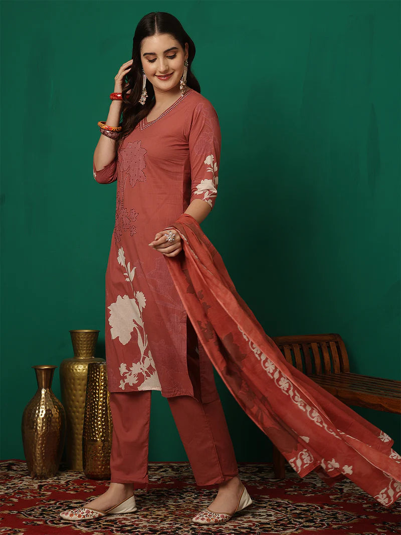 Women Cotton Printed Patch Work Kurta with Trouser & Dupatta