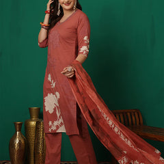 Women Cotton Printed Patch Work Kurta with Trouser & Dupatta