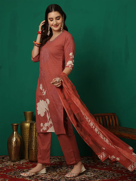 Women Cotton Printed Patch Work Kurta with Trouser & Dupatta