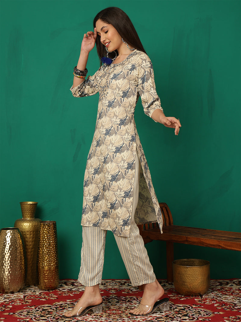 Women Ice Blue Yoke Embroidery Kurta with Trouser & Dupatta
