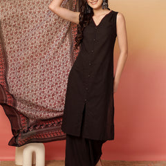 ANAISA Women Black Solid V-neck, Sleeveless, Calf Length Straight Fit Kurta with Palazzo & Dupatta