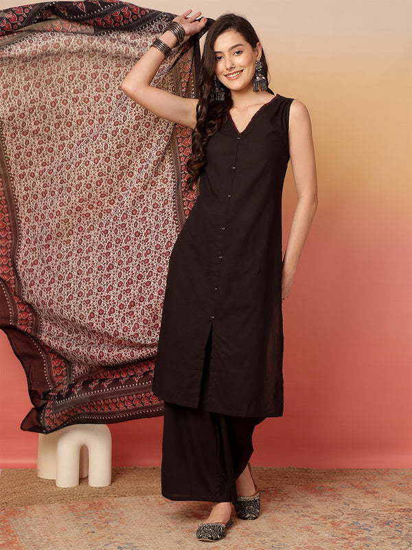 ANAISA Women Black Solid V-neck, Sleeveless, Calf Length Straight Fit Kurta with Palazzo & Dupatta