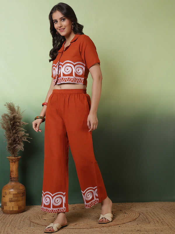Women Orange Embroidery Crop Top with Trouser Co-ord Set