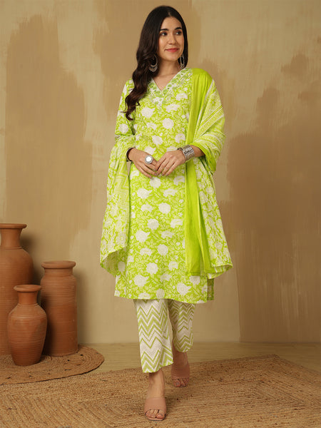 Women Green Cotton Printed Kurta with Trouser & Dupatta