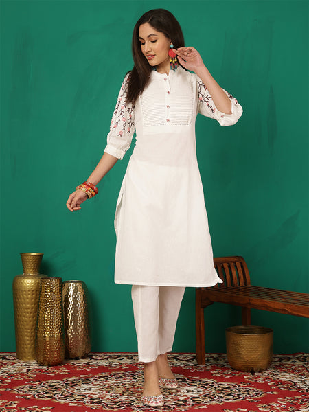 Women White Solid Embroidery Cotton Flex Kurta With Trouser