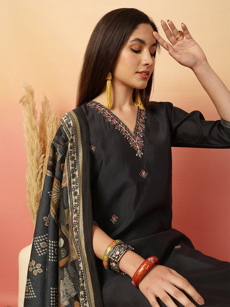 Women Black Silk Hand Work Yoke Solid Kurta with Trouser & Dupatta