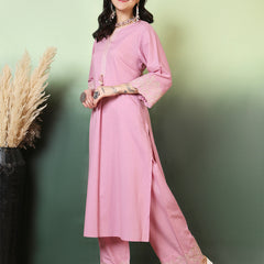 Women Cotton Flex Pink Kurta with Embroidery Sleeves and Trouser Set