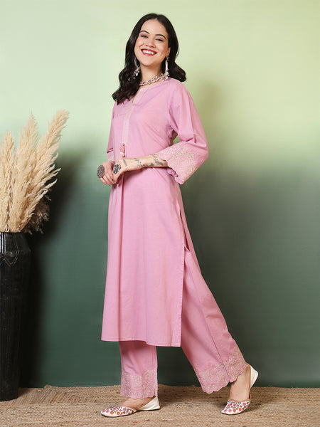 Women Cotton Flex Pink Kurta with Embroidery Sleeves and Trouser Set