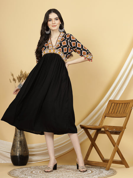 Women Black Block Printed A_line Calf Length Designer Ethnic Dress