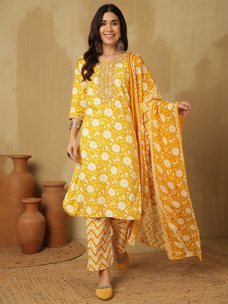Women Floral Printed Mustard Kurta With Trouser & Dupatta