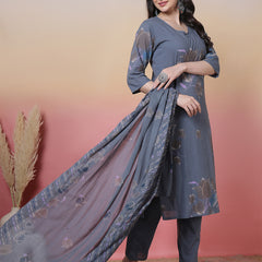 Women Coral Cotton Placement Printed Hand Work Kurta with Trouser & Dupatta